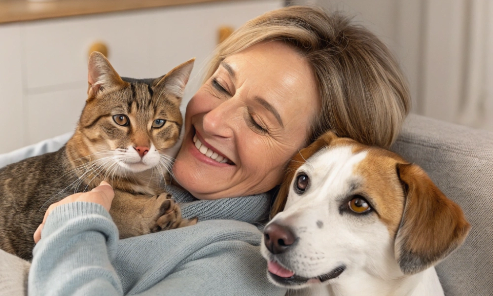 Femme avec un chat et un chien